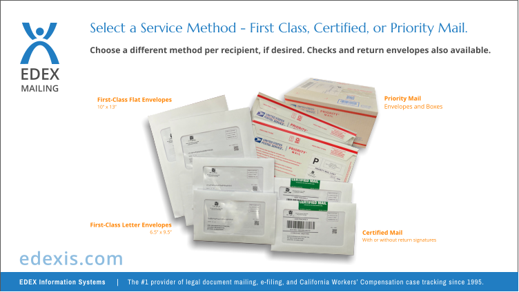 EDEX MAILING Choose a different method per recipient, if desired. Checks and return envelopes also available. Select a Service Method - First Class, Certified, or Priority Mail. First-Class Letter Envelopes 6.5” x 9.5” First-Class Flat Envelopes 10” x 13” Priority Mail  Envelopes and Boxes Certified Mail With or without return signatures EDEX INFORMATION SYSTEMS INC. 255 NEW YORK RANCH RD. JACKSON, CA 95642-0000 EDEX INFORMATION SYSTEMS INC. 255 NEW YORK RANCH RD. JACKSON, CA 95642-0000  100 W Broadway, Suite 3000 Long Beach, CA 90802  100 W Broadway, Suite 3000 Long Beach, CA 90802  100 W Broadway, Suite 3000 Long Beach, CA 90802  100 W Broadway, Suite 3000 Long Beach, CA 90802  100 W Broadway, Suite 3000 Long Beach, CA 90802  100 W Broadway, Suite 3000 Long Beach, CA 90802 EDEX Information Systems    |   The #1 provider of legal document mailing, e-filing, and California Workers’ Compensation case tracking since 1995. edexis.com